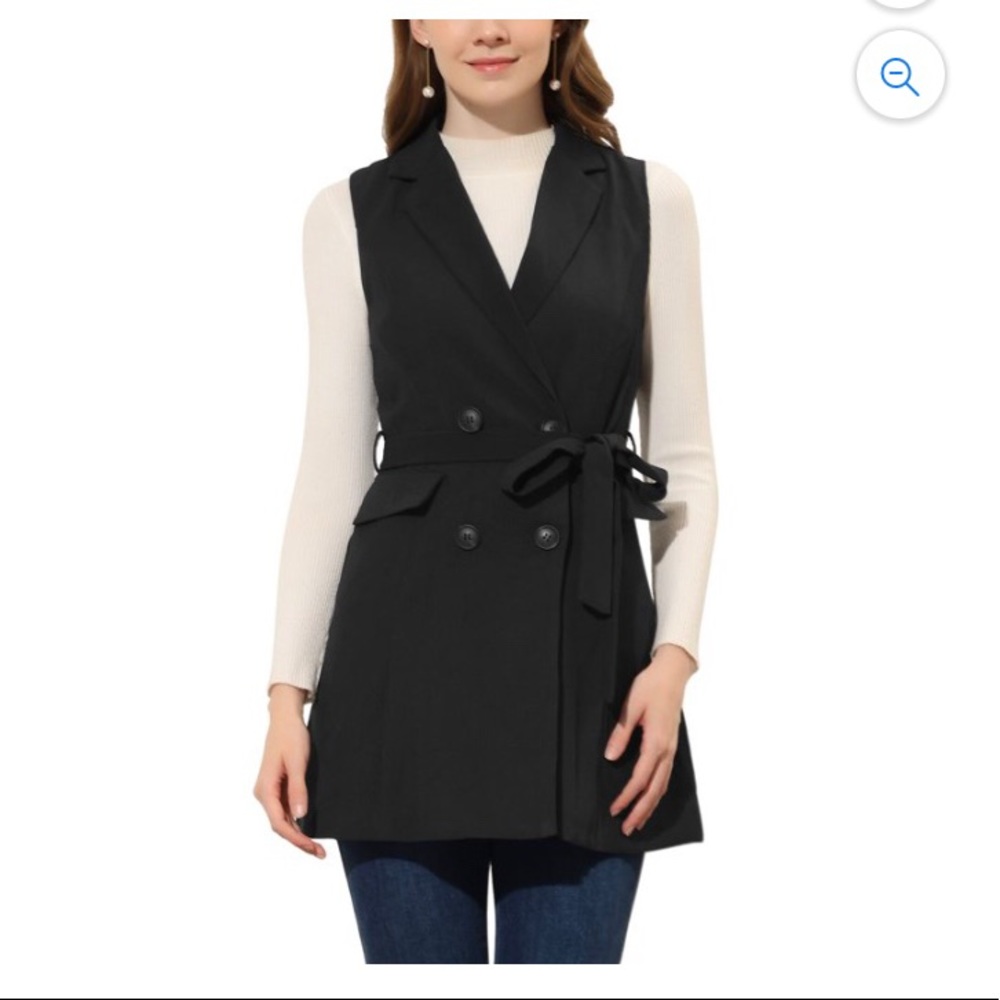 Lapel Collar Trench Vest Double Breast Sleeveless Long Blazer